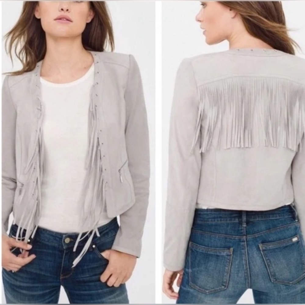WhiteHouseaBlackMarket Light Gray Genuine Suede Jacket w/Fringe lace up Size L